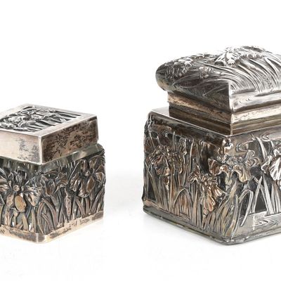 Sale Photo Thumbnail #443: Two Japanese Art Nouveau Sterling Silver and Cut-Glass Inkwells, One by Samurai Shokai, Early 20th