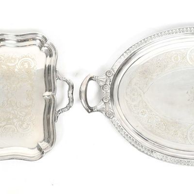 Sale Photo Thumbnail #447: Two American Silver Plate Double-Handled Footed Butler Trays, Late 19th/ 20th Century