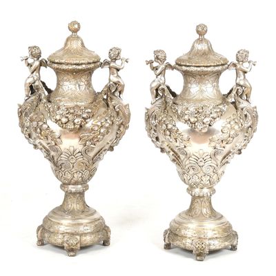 Sale Photo Thumbnail #145: A Pair of Baroque Style Silvered Metal Urns