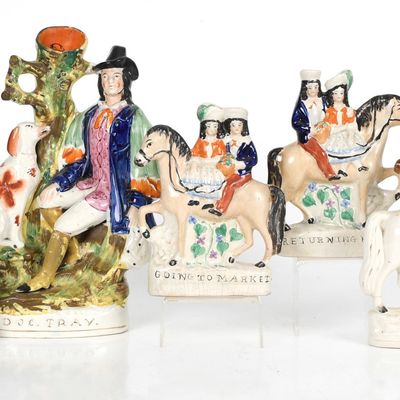 Sale Photo Thumbnail #322: Five English Staffordshire Hand-Painted Ceramic Figural Groups, Mid 19th Century