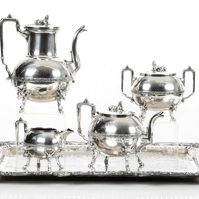Sale Photo Thumbnail #134: An Egyptian Revival Silver Plated Tea Set with Tray