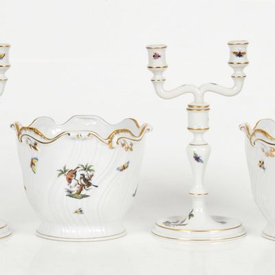 A Pair of Hand-Painted Herend Porcelain "Rothschild Bird" Cachepots and Candelabra, Late 20th
