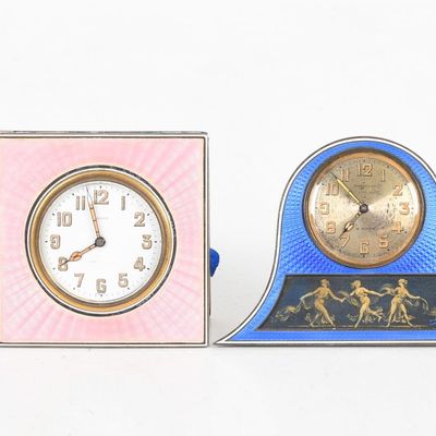 Sale Photo Thumbnail #424: Four Enameled Desk Clocks