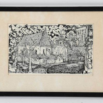 Sale Photo Thumbnail #286: Pat Cooke (English, 1935-2000), "The Oldest Synagogue in Europe, Prague 1270"