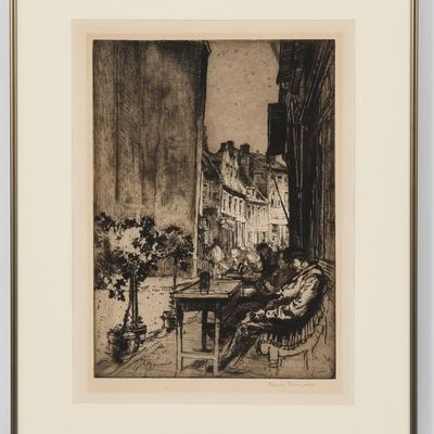 Sir Frank Brangwyn (English, 1867-1956), "Cafe Furnes" Drypoint Etching