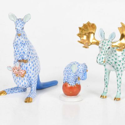 Five Hand-Painted Fishnet Herend Porcelain Animals, Late 20th Century