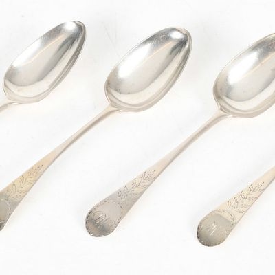 Sale Photo Thumbnail #427: Four American Coin Silver Table Spoons, Marked "EB" Probably for Ephraim Brasher, New York City, c.