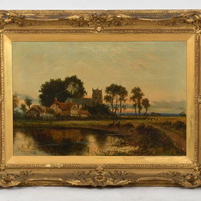 Daniel Sherrin (English, 1868-1940), Rural Landscape with Church, Figures, and Sheep at Dusk