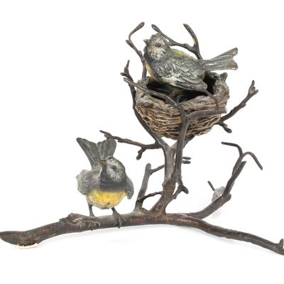 Sale Photo Thumbnail #341: A Vienna Cold-Painted Bronze Figural Group of Two Sparrows on a Branch with Nest, c. 1900
