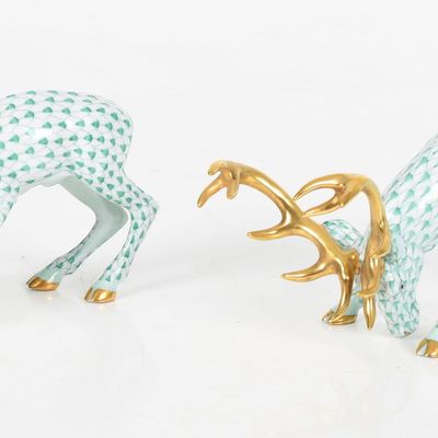 Two Hand-Painted and Parcel-Gilt Herend Porcelain Green Fishnet Stags, Late 20th Century