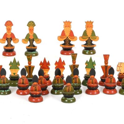 Sale Photo Thumbnail #329: An Antique Russian Lacquered Chess Set