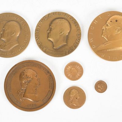 Sale Photo Thumbnail #119: Seven American Bronze Commemorative Bronze Desk Medals and Coins, 20th Century