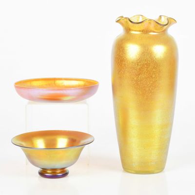 Sale Photo Thumbnail #384: Three American Yellow Iridescent Glass Vessels, 20th Century
