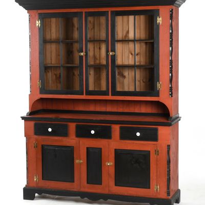 Sale Photo Thumbnail #364: A Pennsylvania Red and Black-Painted Two-Part Dutch Cupboard, Late 20th Century