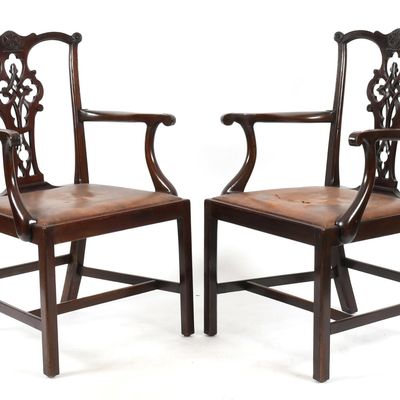 Sale Photo Thumbnail #327: A Pair of Chippendale-Style Mahogany Open Armchairs, 19th Century