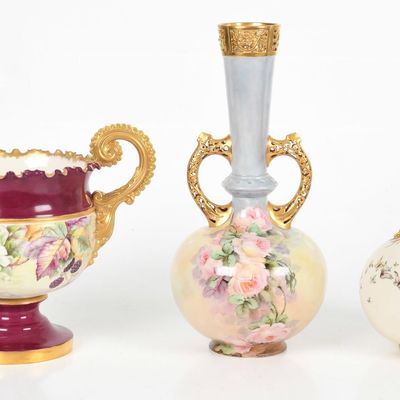 Sale Photo Thumbnail #398: Three American Parcel-Gilt and Floral-Decorated Belleek Porcelain Vases, Late 19th/ Early 20th