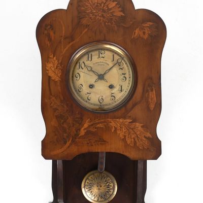 Sale Photo Thumbnail #342: A Lorenz Furtwangler & Son Floral-Inlaid Wall Clock, Retailed by Bailey, Banks & Biddle,