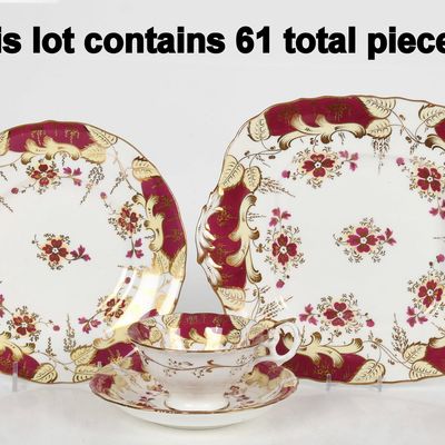 Sale Photo Thumbnail #333: A Floral-Decorated Maroon and Gilt Part Dessert Service, Probably English, c. 1840-1860