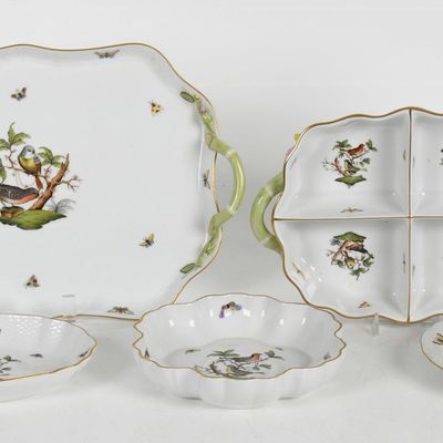 Five Hand-Painted Herend Porcelain Serving Dishes in the "Rothschild Bird" Pattern, Late 20th