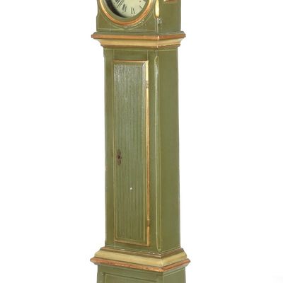 Sale Photo Thumbnail #141: A Continental Green-Painted and Parcel-Gilt Tallcase Clock, 19th Century