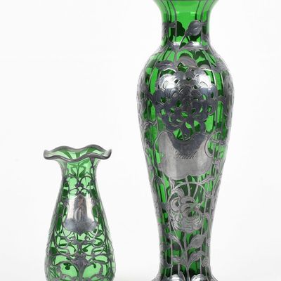 Sale Photo Thumbnail #373: Two Pieces of Silver Overlay Green Glassware