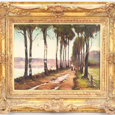 LAKESIDE LANDSCAPE OIL PAINTING BY GREENWOOD