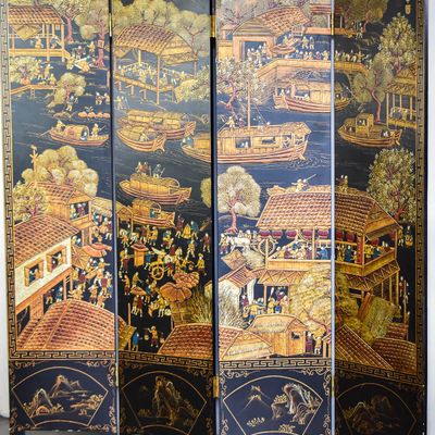 CHINESE BLACK LACQUER COROMANDEL FOLDING ROOM DIVIDER SCREEN