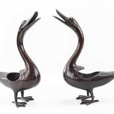 TAKAOKA SCHOOL, SHUZAN STUDIO PATINATED BRONZE GEESE CENSER PAIR