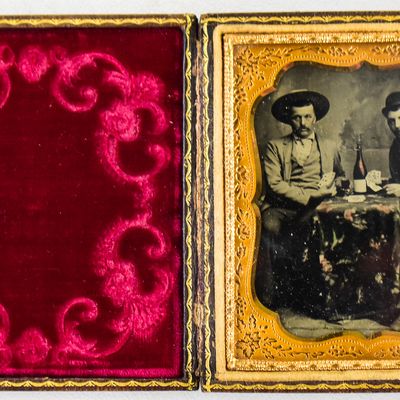 CASED TINTYPE OF MEN PLAYING CARDS
