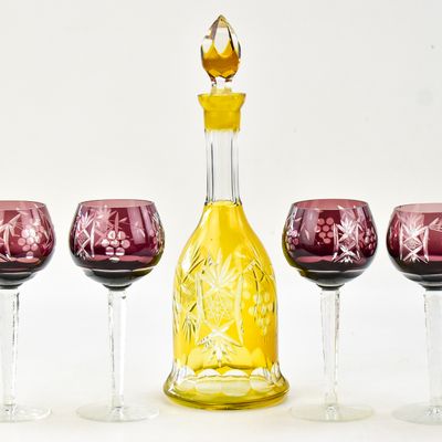 BOHEMIAN TOPAZ CUT-TO-CLEAR GLASS DECANTER AND FOUR AMETHYST HOCK GLASSES