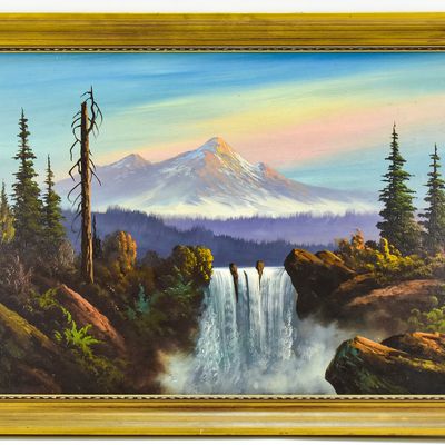 'WATERFALL MOUNTAINSCAPE AT SUNSET' OIL PAINTING