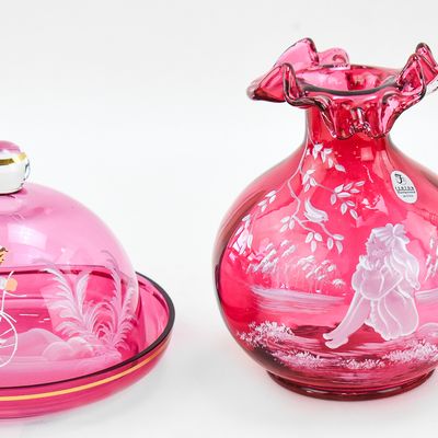 FENTON MARY GREGORY STYLE CRANBERRY PITCHER AND COVERED DISH