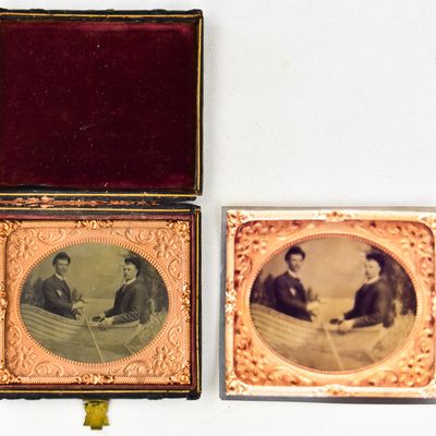 AMBROTYPE OF TWO MEN IN A ROW BOAT; VICTORIAN STUDIO PHOTOGRAPHY
