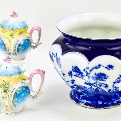 VICTORIAN JARDINIERE, HAND-PAINTED TEAPOT & SUGAR BOWL