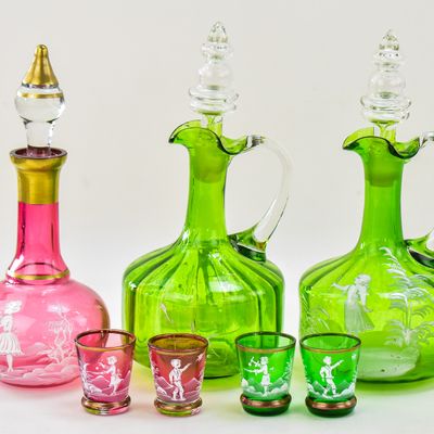 VICTORIAN MARY GREGORY STYLE DECANTERS AND SHOT GLASSES