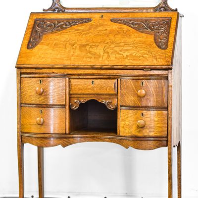 AMERICAN VICTORIAN LADIES TIGER OAK SLANT-FRONT SECRETARY DESK
