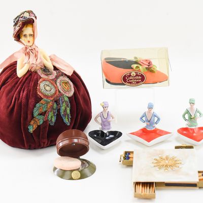 VANITY COLLECTION: FLAPPER FIGURAL TRINKET DISHES, HALF-DOLL, AND MORE