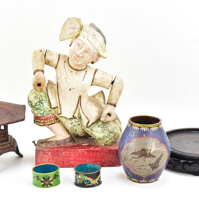 ASSORTMENT OF ASIAN DECOR: CAST IRON PAGODA INCENSE BURNER, DRUMMER SCULPTURE