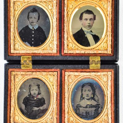 DOUBLE 16TH PLATE METAL AMBROTYPE CASE; FOUR PORTRAITS