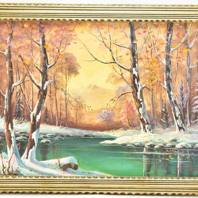 HARRY LEONARD LOPP 'STREAMSIDE WINTER LANDSCAPE' OIL PAINTING