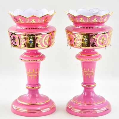 BOHEMIAN PINK OPALINE MANTEL LUSTER PAIR