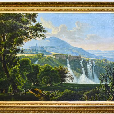 'A VIEW OF VILLA OF MAECENAS AND THE WATERFALLS AT TIVOLI, ITALY' OIL PAINTING