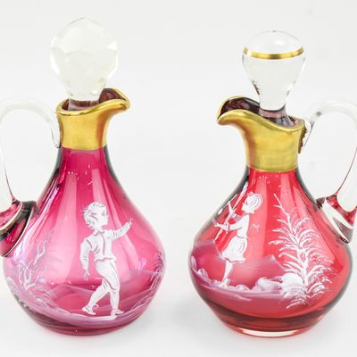 FENTON ART GLASS (ATTR.) MARY GREGORY STYLE CRANBERRY CRUETS