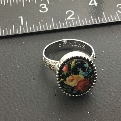 Emmons Signed Vintage Adjustable Ring Black Floral