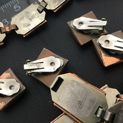 1947 Renoir Copper Square Link All signed Heavy Necklace Bracelet 2 sets Earrings
