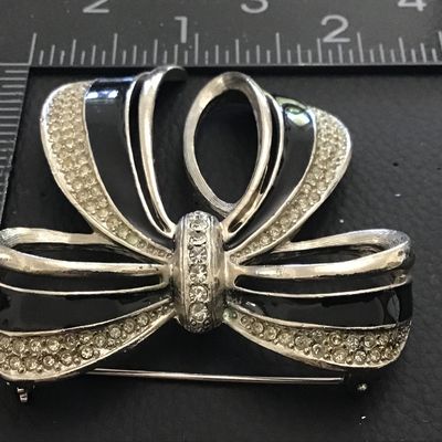 Pave Set Rhinestone Black Enamel In Silver Tone Setting