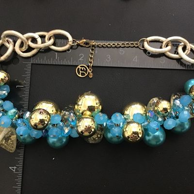 Erica Lyons Chunky Aqua Blu Chunky Gold Flake Iradescent With Gold Tone Accents