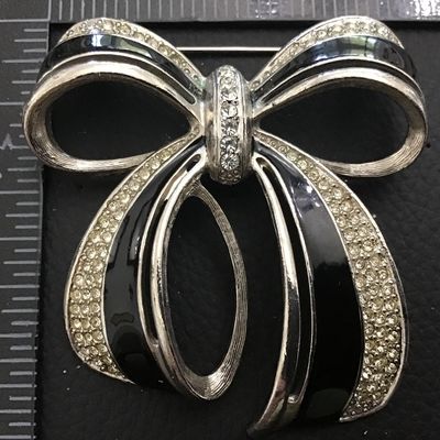 Pave Set Rhinestone Black Enamel In Silver Tone Setting