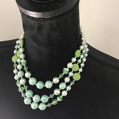 Gorgeous Japan 3 Strand AB Art Glass Faux Bead Flat Green