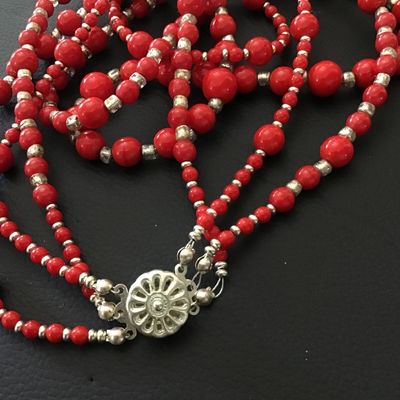 Red Glass 3 Strand Vintage Necklace